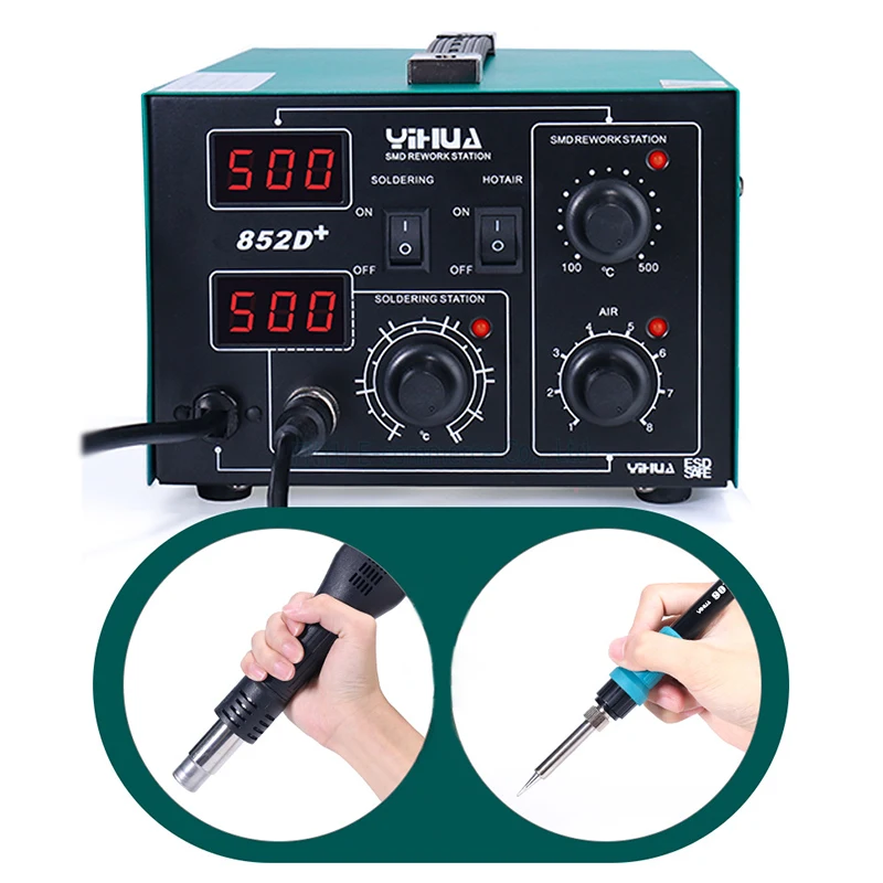 YIHUA 852D+ Hot Air Gun Digital 2 in1 Pump Type 740W Soldering Iron Desoldering Station SMD Constant Temperature Rework Station