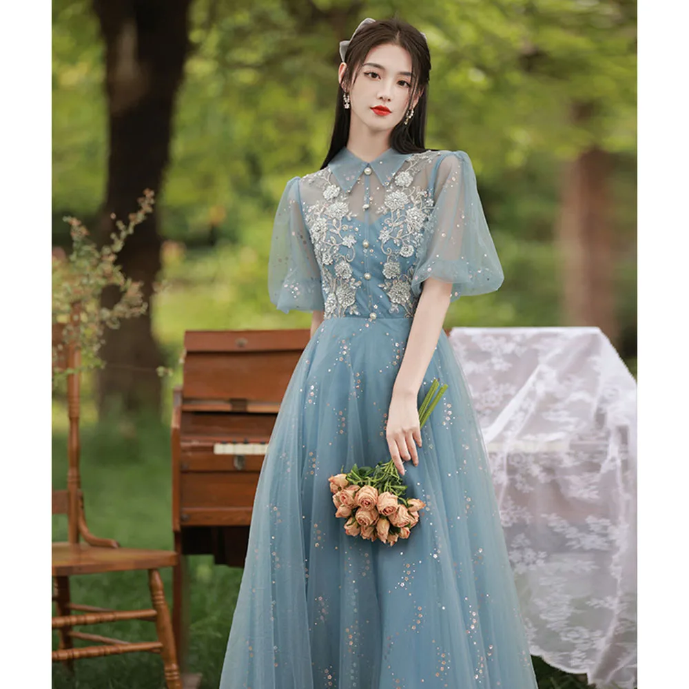 Sweet Lapel Tulle Quinceanera Dress Girl 's Puff Sleeve Beading Flora Appliqued A-Line Vintage Button Birthday Party Gown