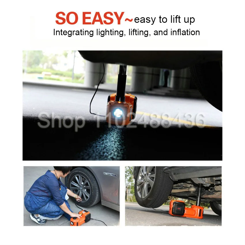 12V 5Ton Electric Car Hydraulic Jack with Tire Inflator Pump and LED Flashlight 3 in 1 Lift jacks With Safe Hammer Tools For Car