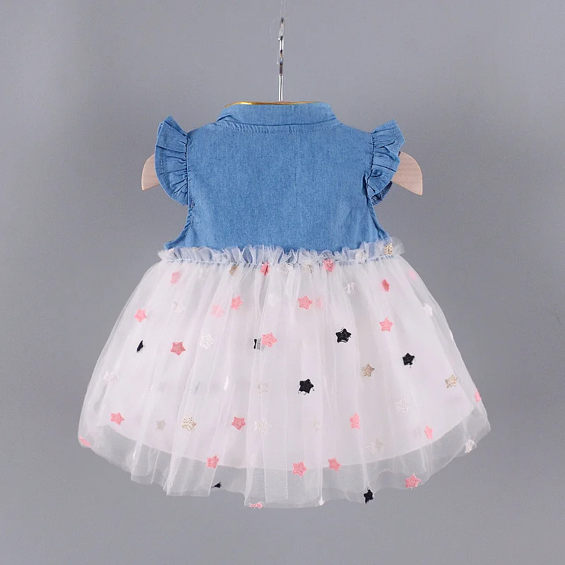 Baby Girls Dresses Summer 1-4Years Kids Tulle Dress Ruffles Sleeve Denim Cotton Mesh Toddler Children Clothing Casual Wear A458