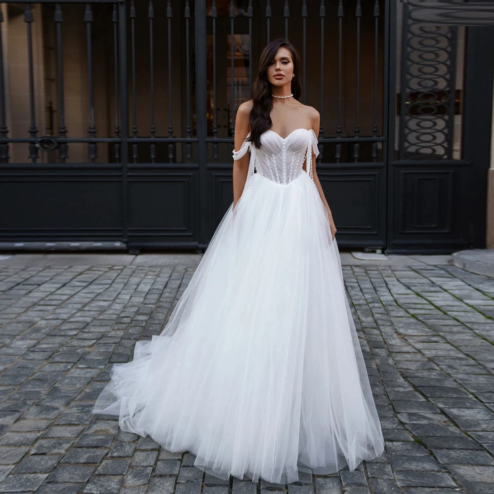 

Exquisite Strapless Wedding Dresses Soft Tulle Bridal Gowns Off Shoulder Sleeveless New Vestido De Novia Satin Robe De Summer