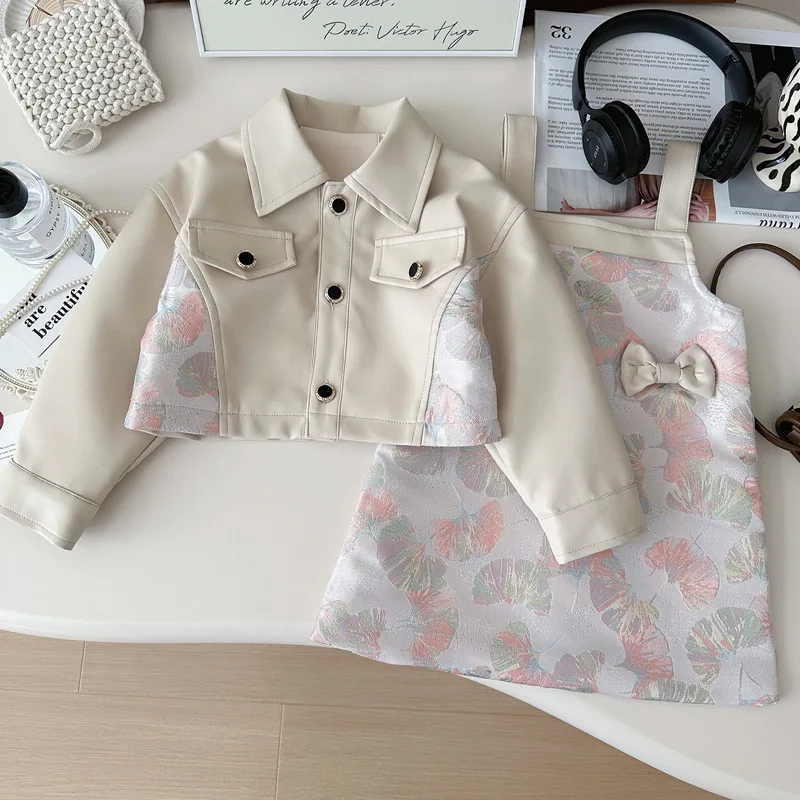 

2025 Spring Girls pu Leather Jacket & Print Dress 2-Piece Set Korean Style Toddler 1-8Y Fashion Outfit Baby Girl Spring Clothes