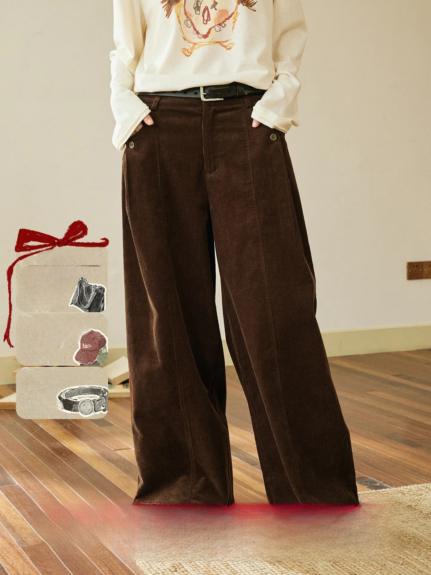 Octopusme Corduroy Wide Leg Pants Casual Straight Cut Trousers Spring Seasonal High Waist Zipper Closure Universal Fit