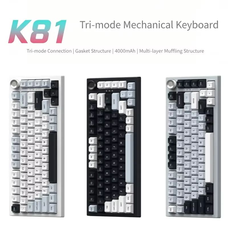 K81 RGB Mechanical Gaming Keyboard Three Modes Hot Swappable Customizable 7 Layer PBT Keycaps with Knob for Esports