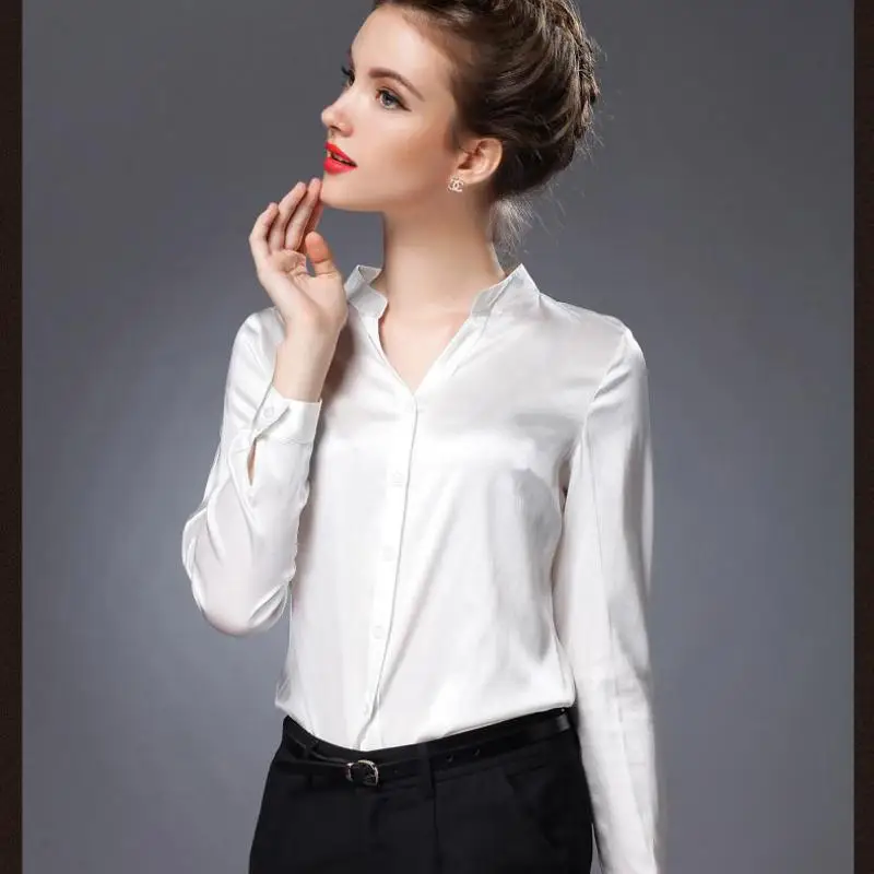 

Women's Heavy V-neck Silk Shirt Stand Collar Long Sleeve Sexy Blouse Blouses Casual Slim Shirts Lady Spring Summer 30%