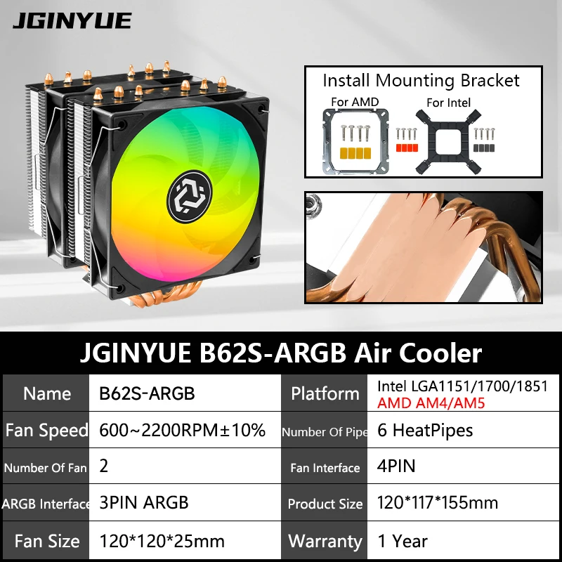 

JGINYUE B62S-ARGB 6 Heat-Pipe CPU Air Cooler ARGB PWM TDP 220W CPU Radiator for Intel® LGA1851/1700/115X AMD® AM4 AM5 Socket