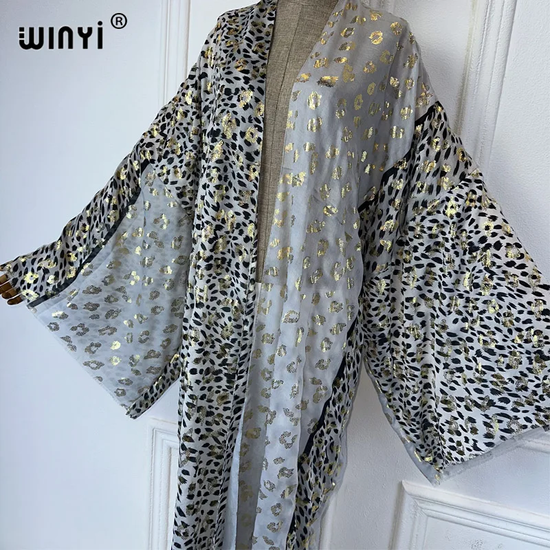 WINYI Kimono Women leopard Print Hot stamping cardigan Female kaftan abaya dubai luxury beach Cover Up boho clothing party dress