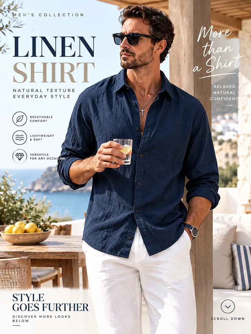 Herren-Leinenhemd für Frühling und Herbst, lässiges Langarmhemd mit Knöpfen, lockerer Schnitt, strukturierte Oberseite, leichtes Resort-Outfit für Herren – Detail 1