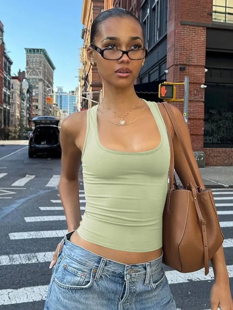 المرأة ساحة طوق بلا أكمام Bodycon المحاصيل تانك الأعلى الصلبة مثير أنيقة Y2K حزب كلوبوير الزي الصيفي بالجملة