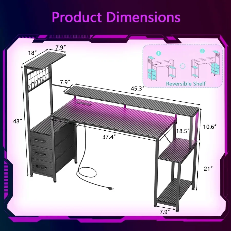 مكتب ألعاب مقاس 55 بوصة مزود بمصابيح LED ومنافذ طاقة مدمجة لإعداد الترفيه المحسن الذي يتميز بأدراج قماشية و #3