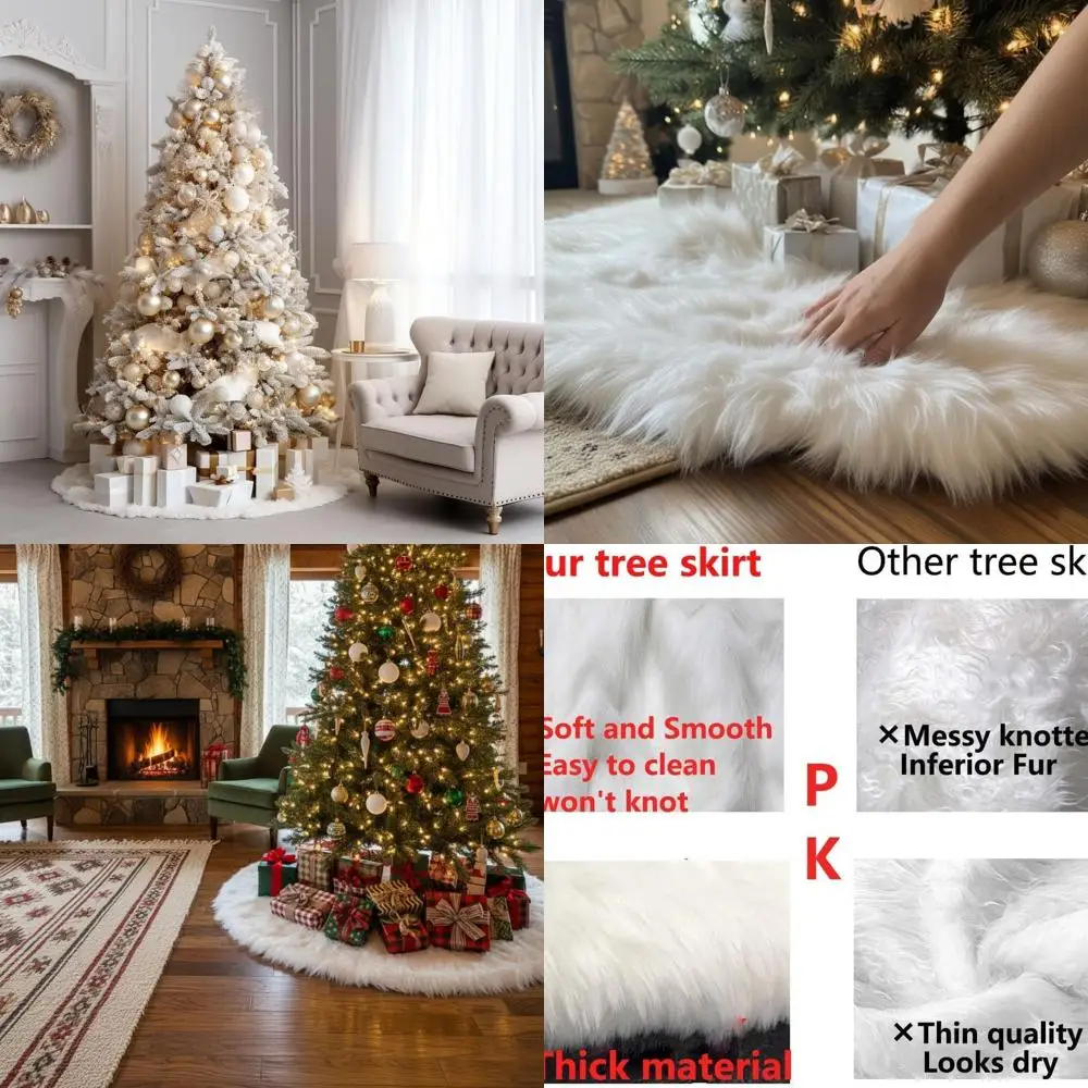 

Luxury Plush White Faux Fur Christmas Tree Skirt, 72 Inch Base Cover for Holiday Party and Home Decorations