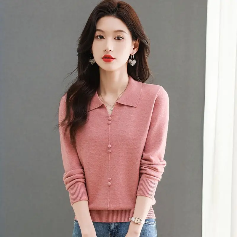 Women Collared Knit Sweater Long Sleeve Loose Warm Pullover Layering Top For Autumn Winter
