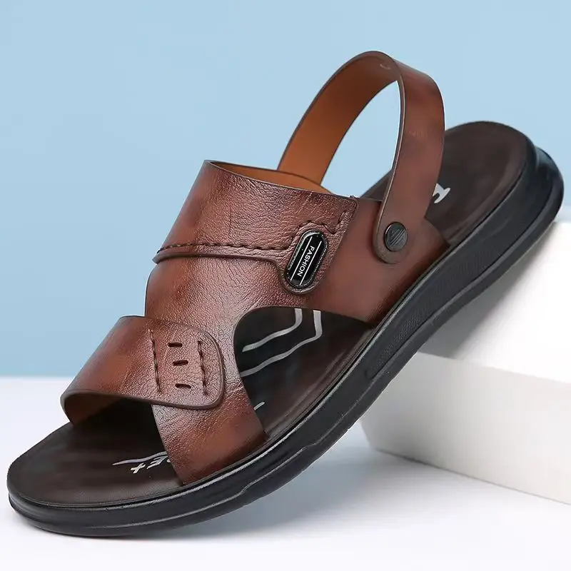 

Men's Leather Dual Purpose Outdoor Beach Sandals Slippers Summer New Soft Sole Non Slip Open Toe Casual Sandals Driving Sandals