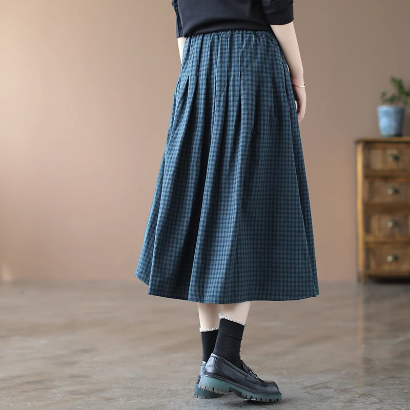 Retro Krata Bawełniano-Lniana Spódnica Midi Wiosenna Plus Size Damska Luźna Spódnica w Kształcie Litery A z Elastyczną Gumką w Pasie Wyszczuplająca Spódnica z Wysokim Stanem Wiosna Faion