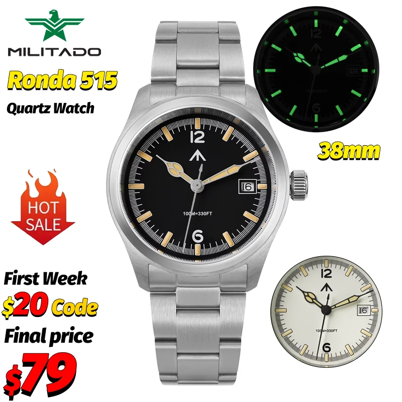 Militado Ml08 38Mm Quartz Watch Swiss Ronda 515 Sapphire Crystal Vintage Black Dial 100M Waterproof 316L Steel Bracelet Luminous