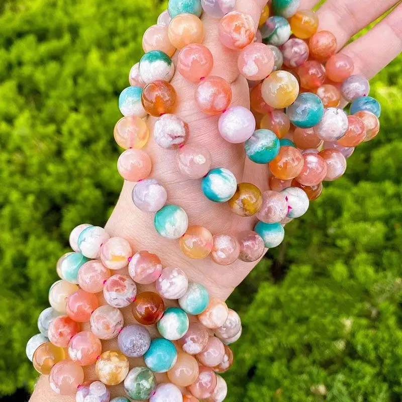 Natural Green Cherry Blossom Agate Bracelet Single Circle Ice-penetrating Flower Marine Chalcedony Jewelry Crystal Hand String