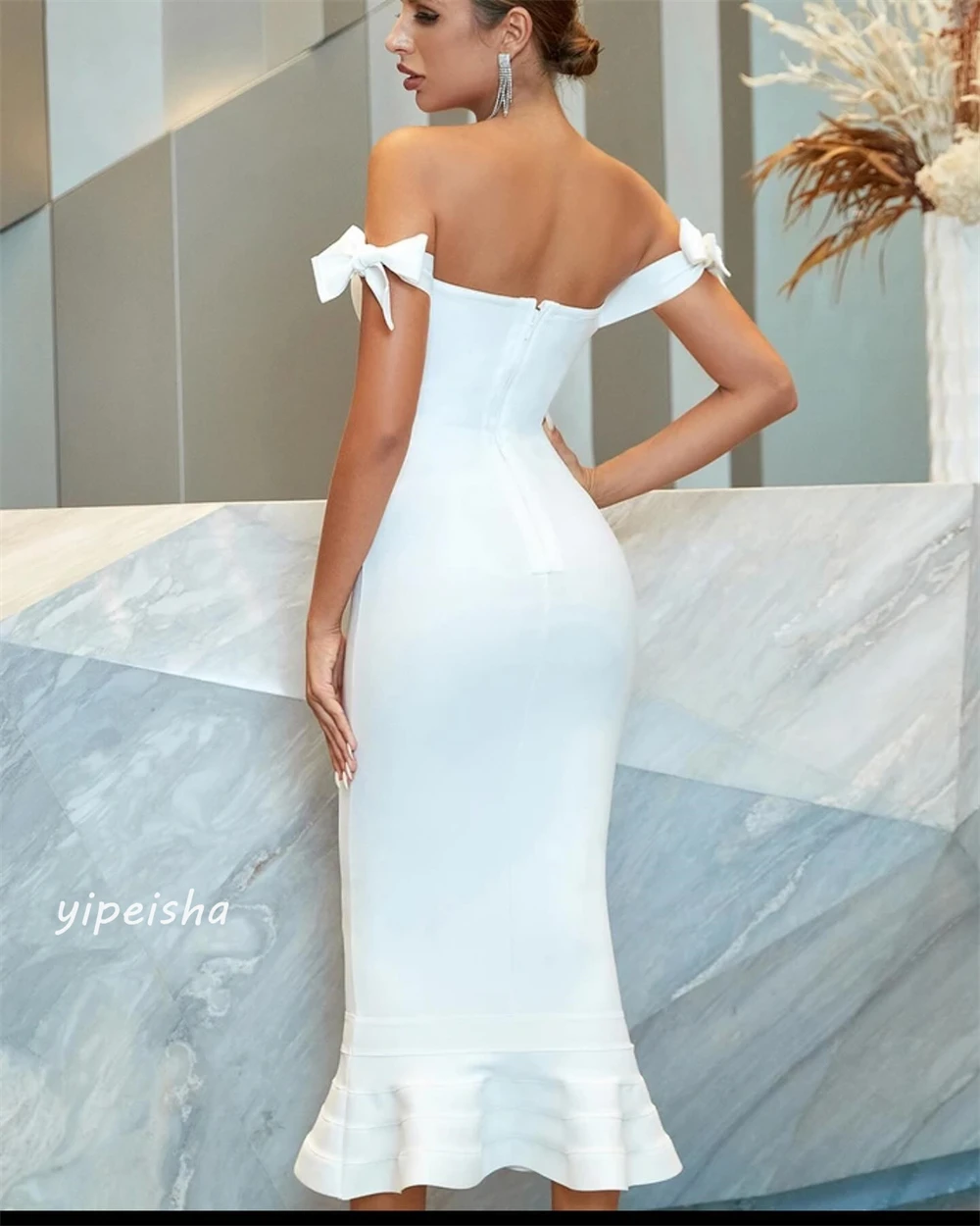 Jersey Draped Ruched Wedding Party Mermaid Off-the-shoulder Bespoke Occasion Gown Midi Dresses