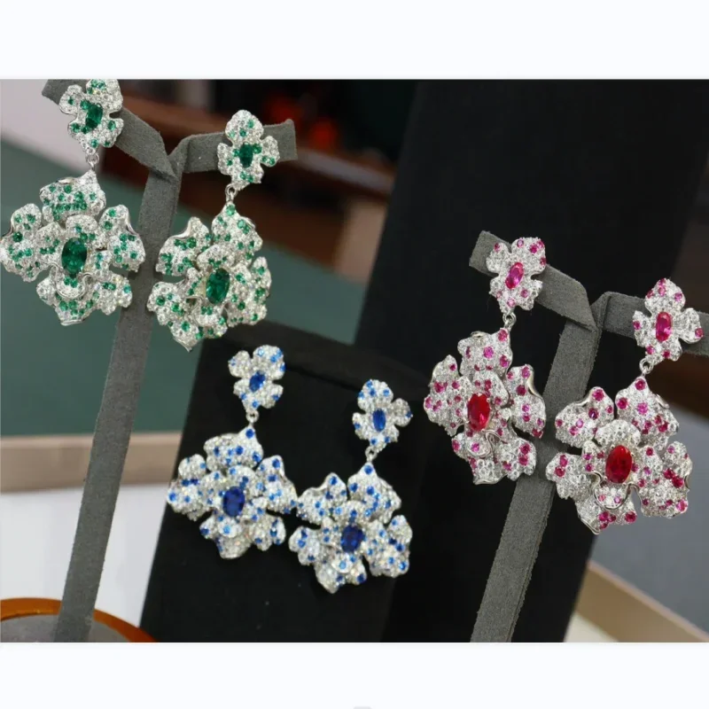 

RUIF 2023 Hot Sale Flower Shape S925 Silver Three-color Earrings Zircona Gemstones Jewelry for Woman Gift