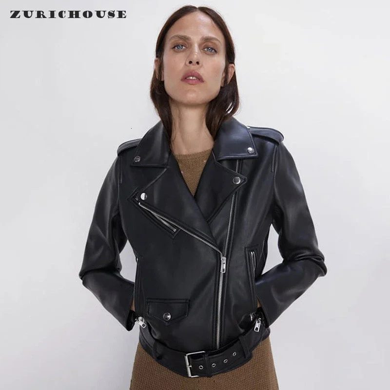 Simple Classic Slim-fit Short Faux Leather Jacket for Women 2024 New Solid Casual Motorcycle Jacket with Belt Veste Femme