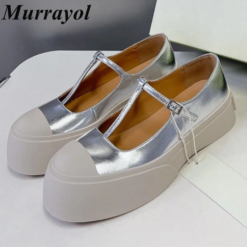 

Round Toe Genuine Leather Mary Jane Shoes Women's Thick Bottom Heighten Single Shoes Spring Autumn One Strap Buckle Flat Shoes