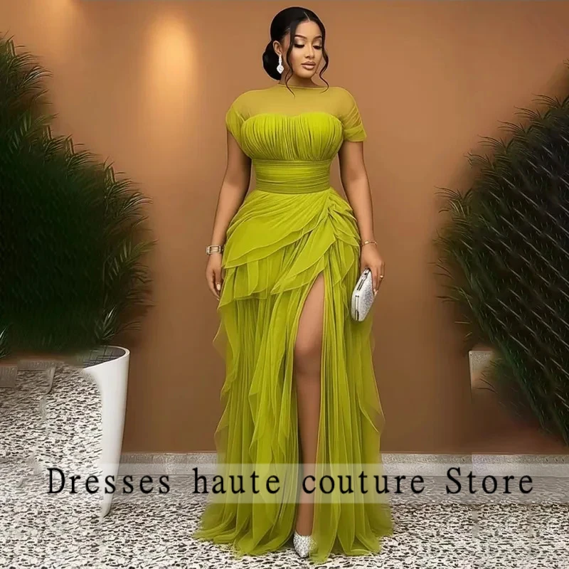 Elegant Green Long Formal Party Dresses Sleeves See Through A Line Women Evening Gown Layered Wedding Guest Dress Customized