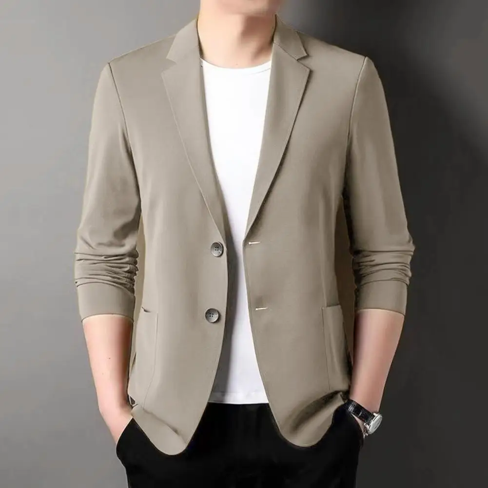 Men Business Jacket Formal Suit Coat Double Buttons Lapel Long Sleeves Cardigan Coat Anti-wrinkle Blazer Solid Color Work Jacket