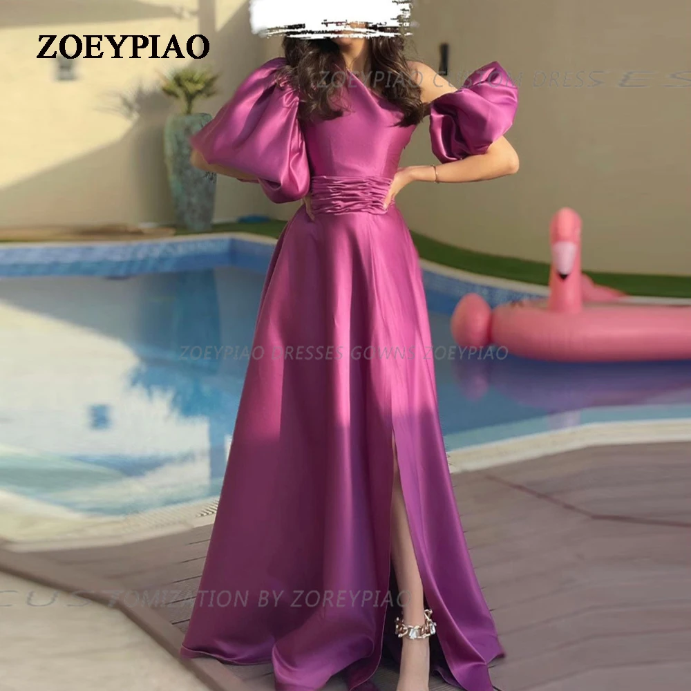 

Purple Saudi Arabia One Shoulder Satin A-Line Cocktail Dresses Side High Split Evening Gowns Floor Length Dinner Party Dress