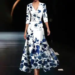Womens Robe Sexy Deep V Neck Tunic Evening Dress Spring Casual 3/4 Sleeve Hem A-Line Dress Summer Floral Print Boho Long Dresses