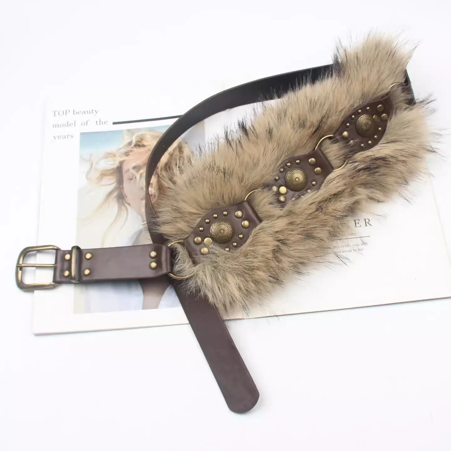 Women's Faux Fur PU Leather Corset Female Cummerbund Coat Waistband Dress Decration Wide Belt J1577