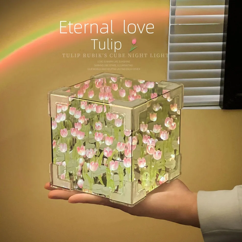 DIY Tulip Mirror Cube Lamp Simulation Flower Bedroom Sleeping Table Lamp Handmade Craft Tulips Mirror Night Light Birthday Gift