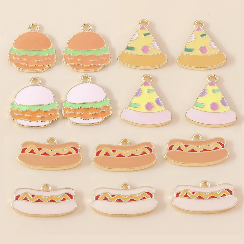 10pcs Cute Food Pendants Enamel Hot Dog Pizza Hamburger Charms for DIY Jewelry Making Earring Bracelet Necklace Accessories