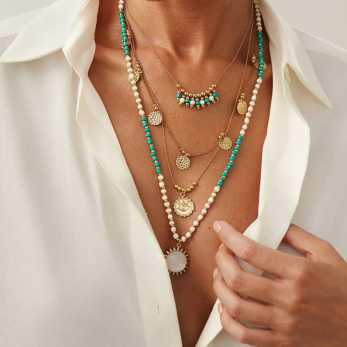 

SHIXIN Bohemia Multilayer Bead Chain Necklace Set for Women Retro Geometric Sun Round Pendant Necklace 2025 Jewelry On the Neck