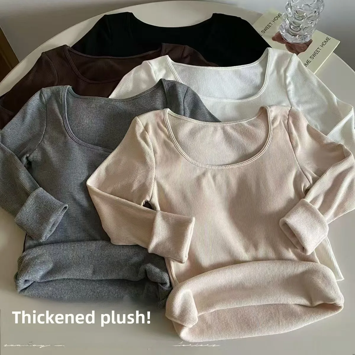 المرأة طويلة الأكمام صوف مبطن قصيرة سميكة الدافئة تي شيرت الكورية نمط سليم صالح قاعدة قميص U الرقبة لخريف شتاء