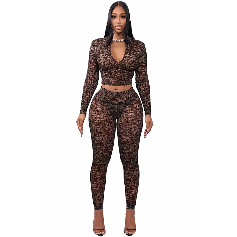 Doyerl Sheer Mesh 2 Piece Set Women's Matching Sets Club Wear Party Rave Long Sleeve Crop Top and Pencil Pants Ensemble Femmes