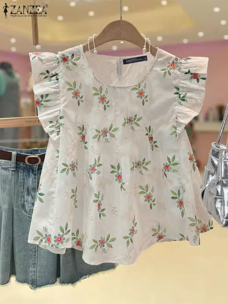 Zanzea Stickerei gespleißt Rüschen Blusen lässig Streetwear Frauen o Hals Tunika Tops Blumen ärmel los 2024 Sommer Mode Blusas