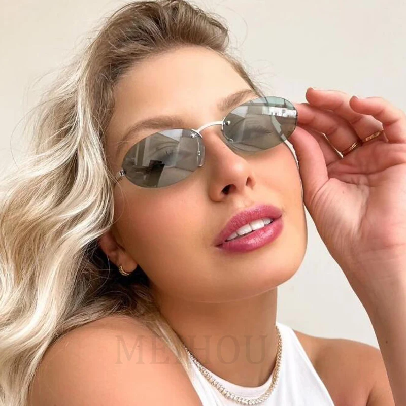 Rimless Oval Women\'s Sunglasses New Retro metal frame small Cat Eye Sun Glasses Men Shades Punk Driving Eyewear Glasses Female