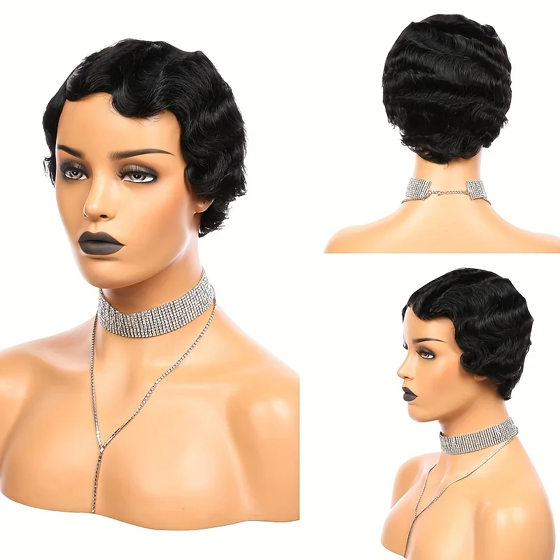 short pixie cut wave human hair finger wave for women full machine made  human hair wig
