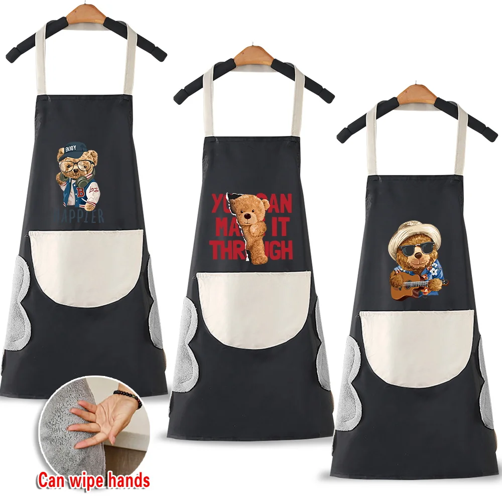 

Hand-wiping Kitchen Household Cooking Apron Oil-proof Waterproof Men Women Waist Coffee Overalls Apron Bear Pattern