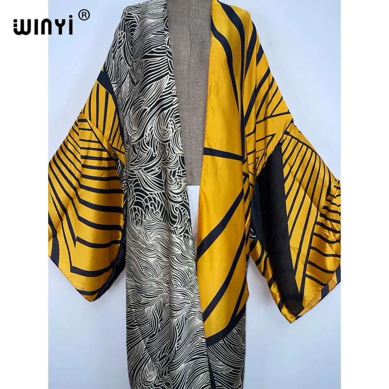 2022 WINYI Summer holiday Beach Wear Cover up sweet lady boho Cardigan stitch colorful sexy Holiday long Sleeve Kimono kaftan