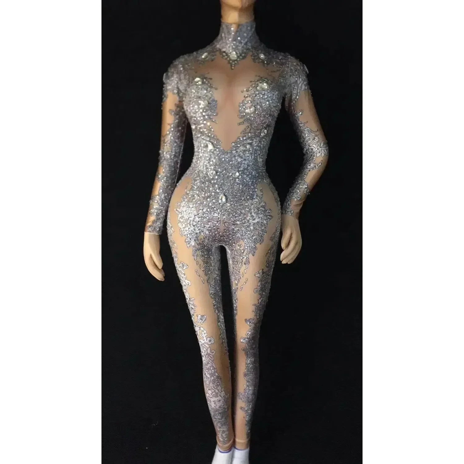 Rhinestones Sparkly Jumpsuit Fashion Sexy Nude Big Stretch Dance Costume One-piece Bodysuit Birthday Outfit Party Leggings