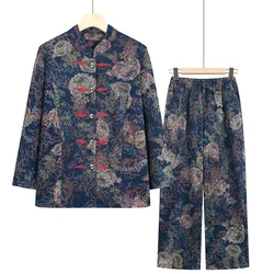 New Chinese Traditional Costume Printed Long Sleeved Shirt Tang Clothing Vintage Middle Aged Hanfu Suit Elegant Cheongsam Set