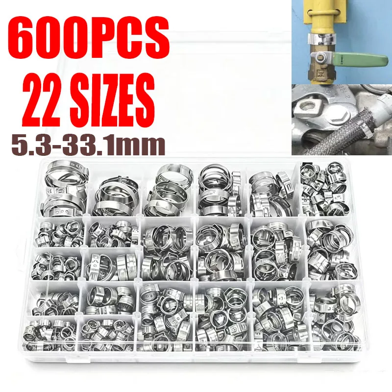600pcs-22-sizes-ear-hose-clamp-kit-53-331mm-304-stainless-steel-o-type-crimp-ear-clamps-universal-curled-hose-for-automotive