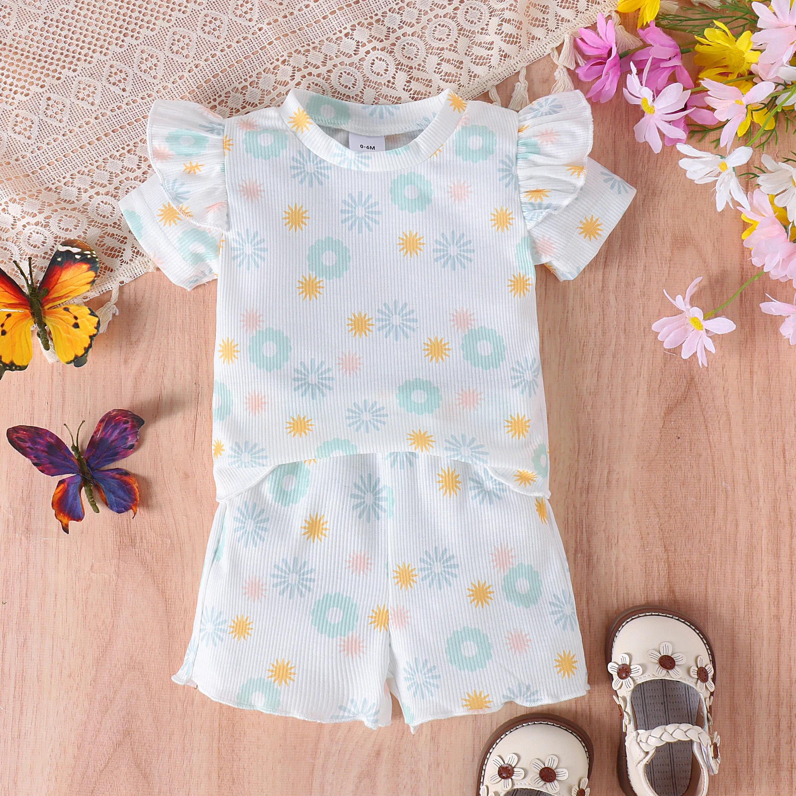 2PCS Summer 0-3 Years Old Trend Fashion Cute Baby Girl Universal Comfortable Soft Butterfly Flower Print T-Shirt + Shorts Set