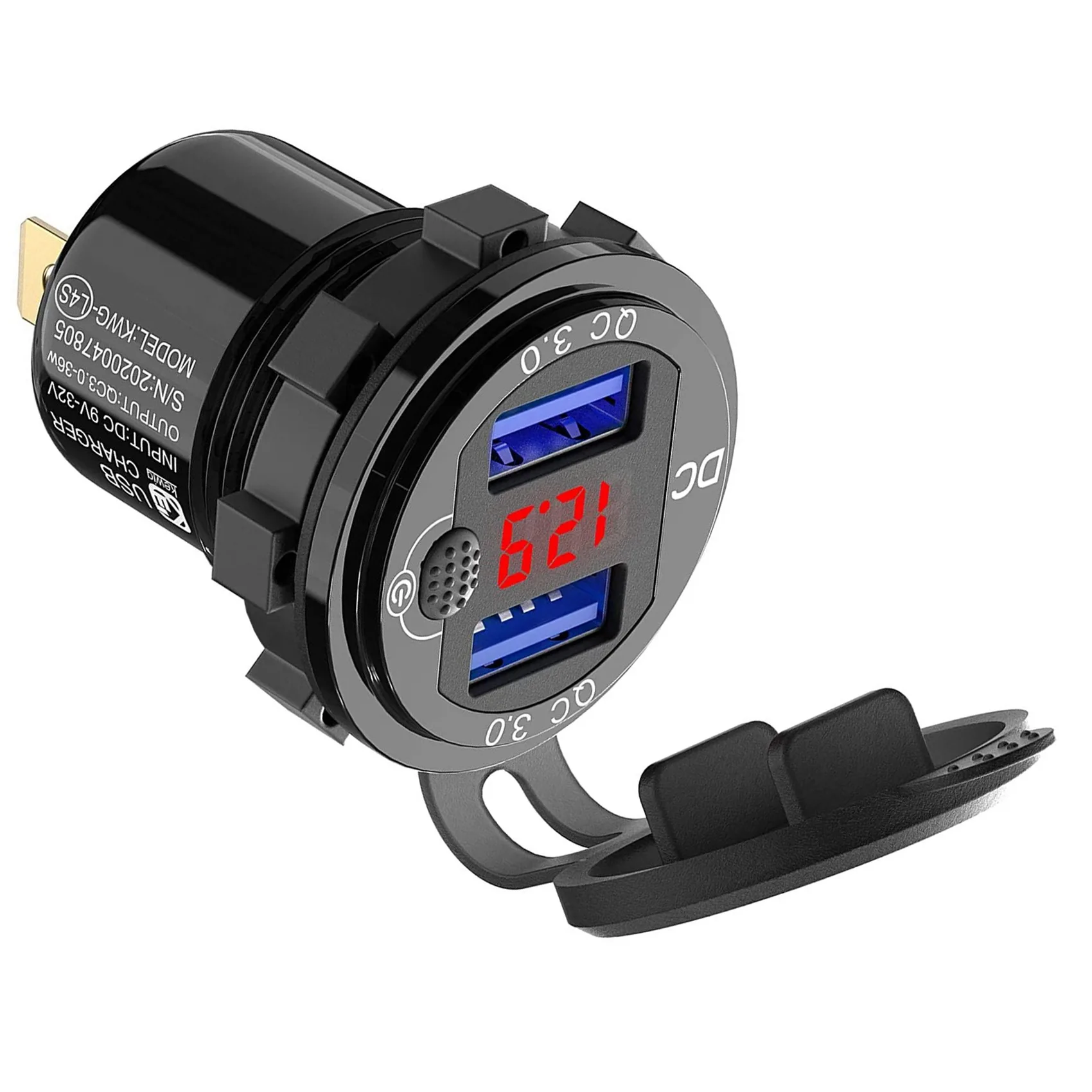 Classy-4X Quick Charge 3.0 Dual 12V USB Car , Aluminum Socket With Switch Button And Red Digital Voltmeter, Waterproof