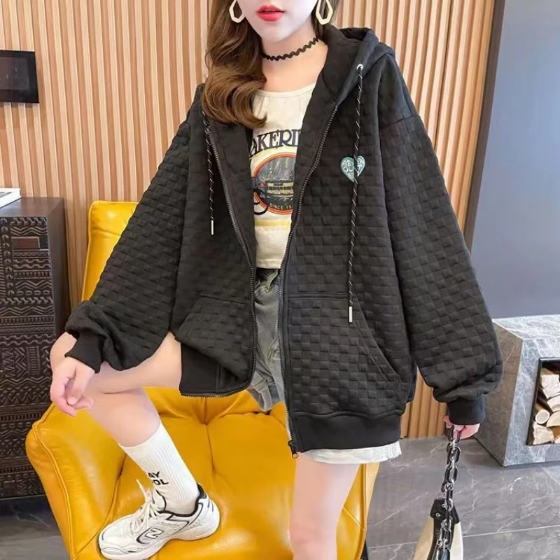 Young Girl Coat Jacket Hooded Zipper Cardigan Spring and Autumn Thin Loose Sweater Fresh and Lovely.