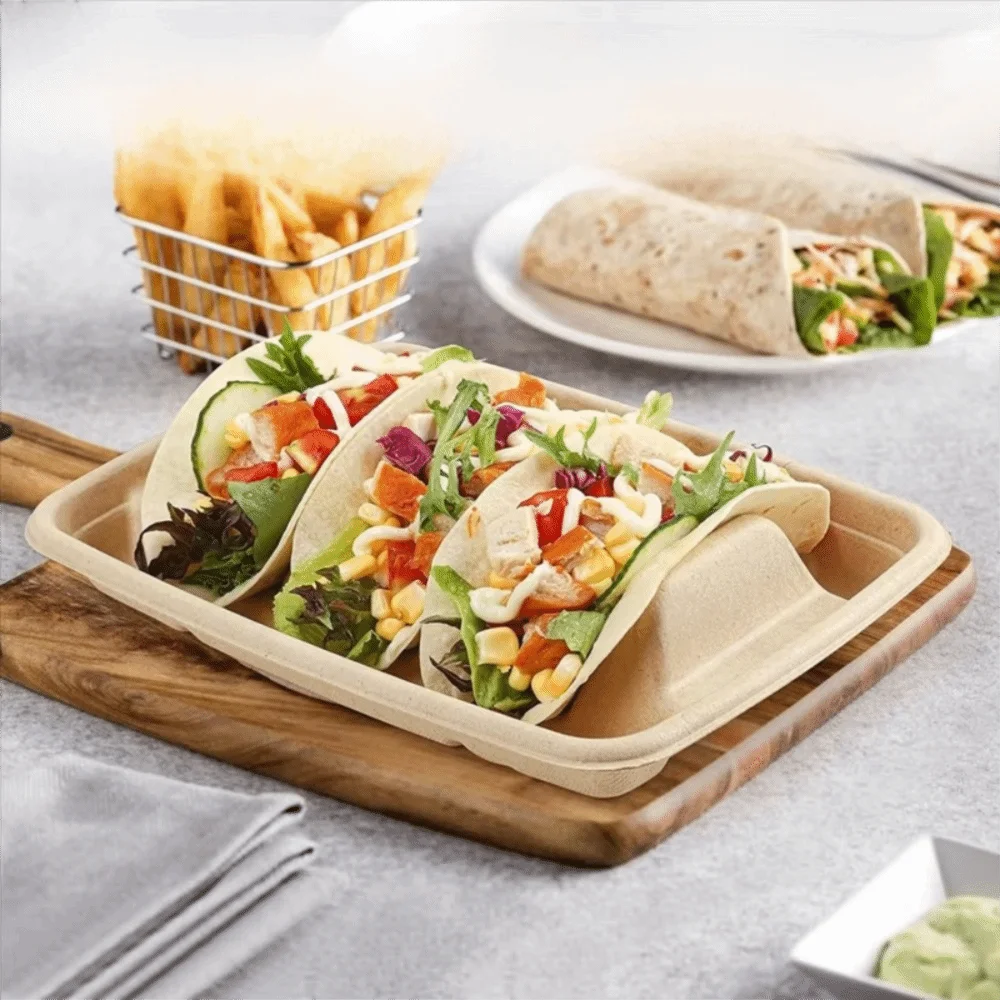 

50 шт., 3 отделения, одноразовые тарелки для тако, биоразлагаемый держатель для тако из целлюлозы, штабелируемый с крышкой, сервировочный поднос для тако, вечерние