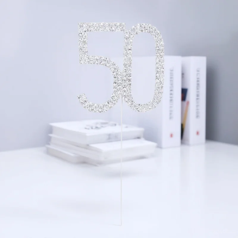 

Cake Topper Silver Alloy Rhinestone 11Cm Height 4.5X5Cm Pattern 50Th Birthday Anniversary Party Decor Cake Decoration For