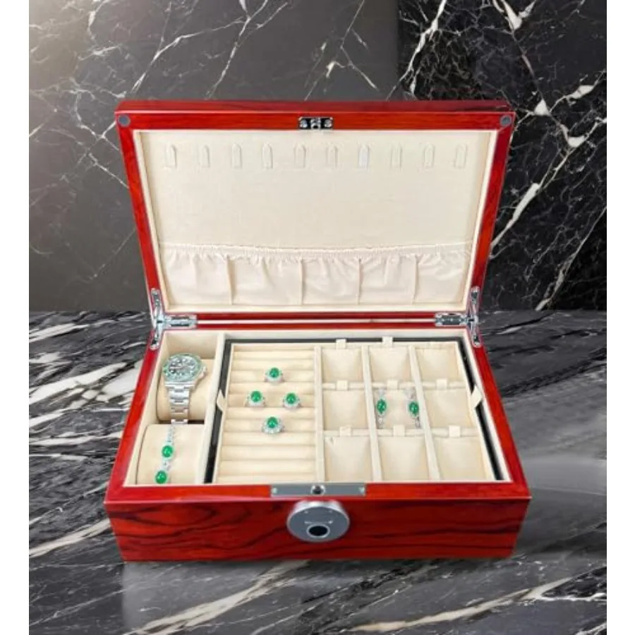 Caja de Joyería de Madera con Cerradura de Huella Dactilar para Mujer, Organizador de Almacenamiento 1L-RS con Colgador de Collares y Espejo, Marrón, Seguro y Elegante
