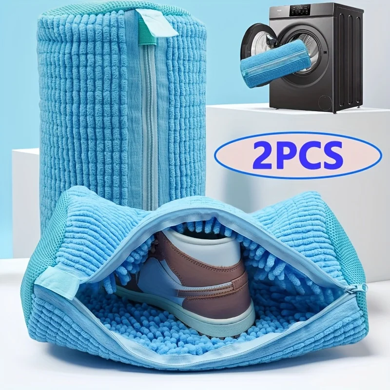 Durable Mesh Shoe Wash Bag With Zipper Rich Fluff Interior Sneaker Protector For Washing Machine Dryer Travel Shoe Storage Organ