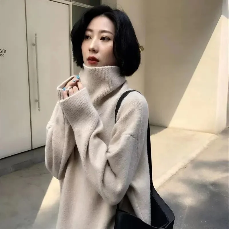 

2025 зимний свитер с высоким воротником 100, женский свитер в европейском стиле, свободный осенне-зимний утолщенный свитер со шнуровкой на спине